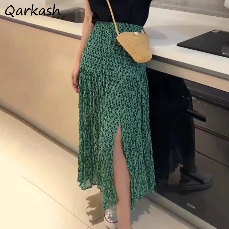 Green Floral Midi Skirts Women Irregular Vintage Baggy Side-slit Aesthetic Lady Holiday Summer Casual Thin Streetwear High Waist