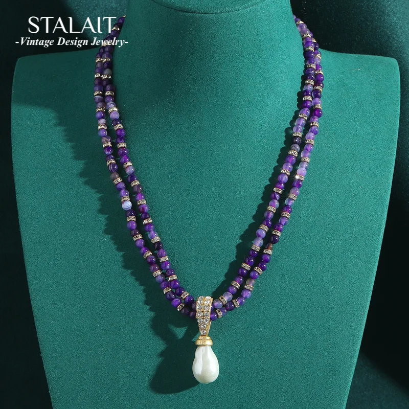 

Luxury Jewelry Designers Pearl Pendants And Charms Necklace Purple Beads Vintage Woman Bohemia Gold Color Wedding Accessories