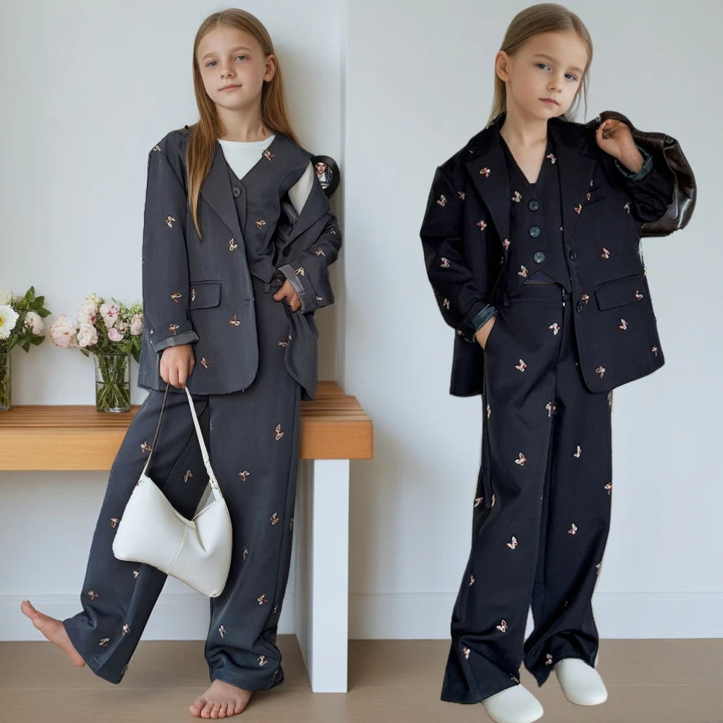 Girls Suit Fashion Butterfly Embroidery Blazers Trousers Vest 3-piece Spring School Kids Clothing Set Teen Child Formal Uniform