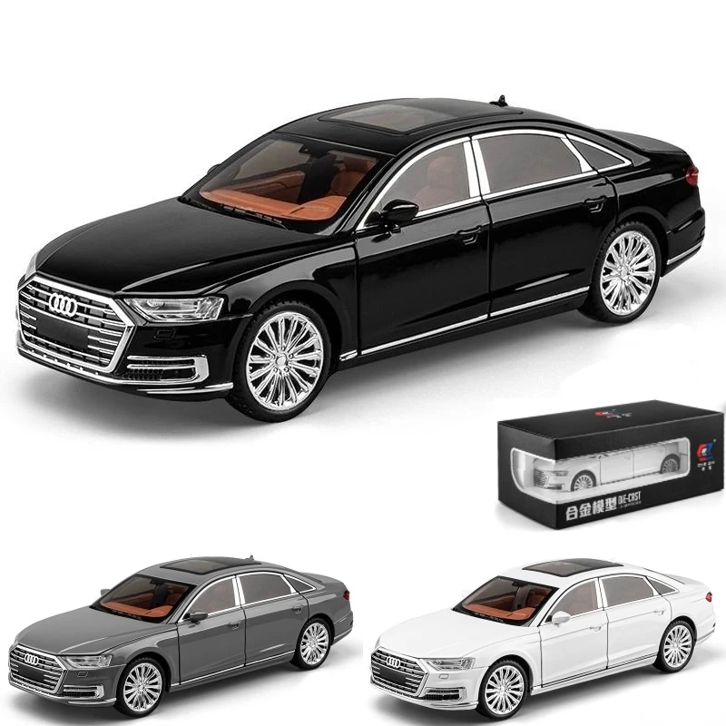 1/24 Audi A8 Diecast Alloy Metal Toy Car Miniature Vehicle Model Pull Back Sound & Light Doors Openable Collection Gift For Boy