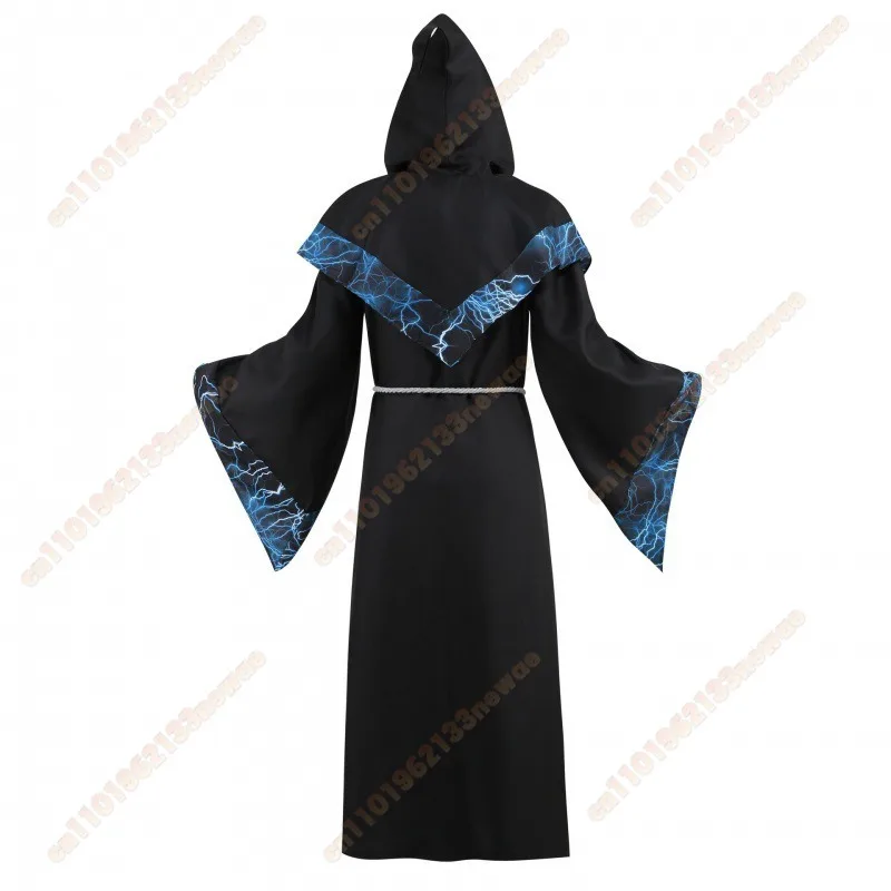 남자 중세 후드 망토 골드 인쇄 이교도 마법사 마녀 마법사 코스프레 의상 할로윈 카니발 파티 고딕 가운 의상