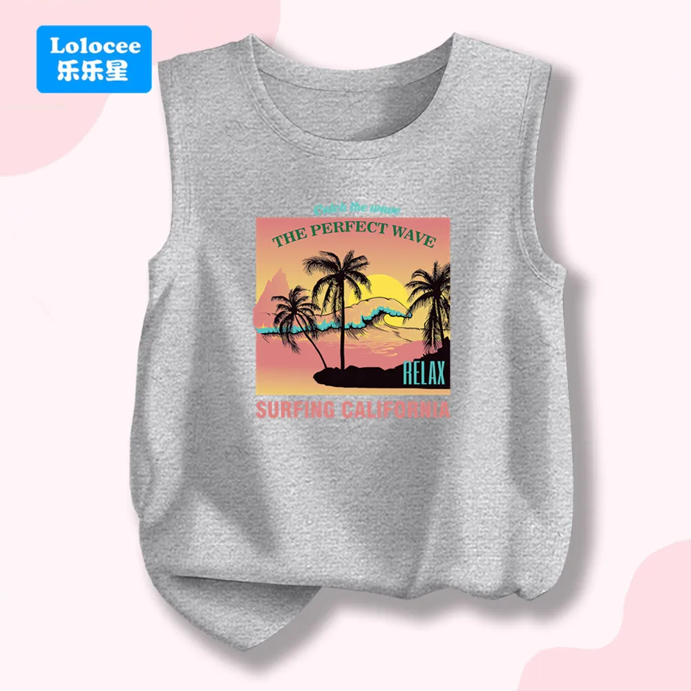 Girls Summer Round Neck Cotton Singlet California Surfing Palm Tree Print Kids Tank Top