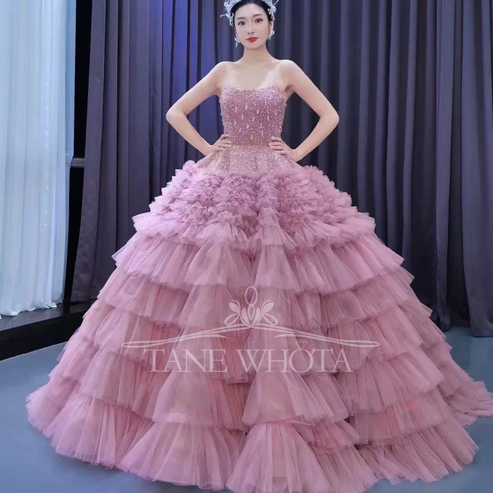 

Women's Sweetheart Sleeveless Long Evening Dress Lace Up Back Beaded Crystal Detail Pink Tiered Customizable Prom Gown