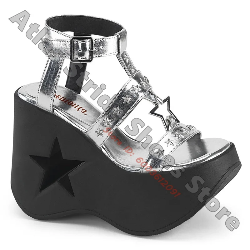 Botines de Plataforma con Corte de Estrella, Color Rosa Holográfico, de Cuero Vegano Elástico, Estilo Gótico Punk, para Cosplay, Festivales y Moda Urbana