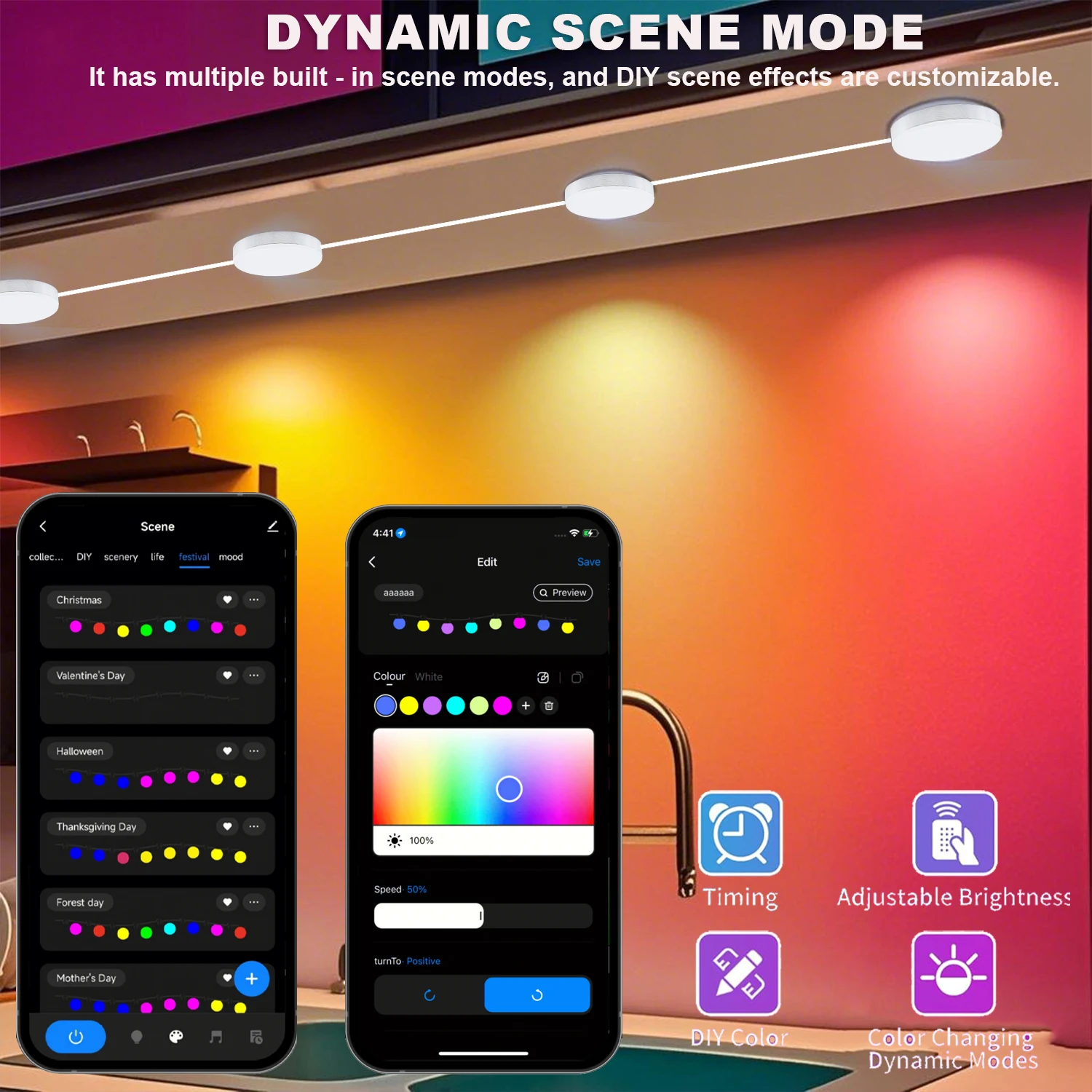 WIFI RGB+CW IC LED Round Under Cabinet Light Kit Color Change + White light 2700K-6500K Dimming for Kitchen Google Home,Alexa