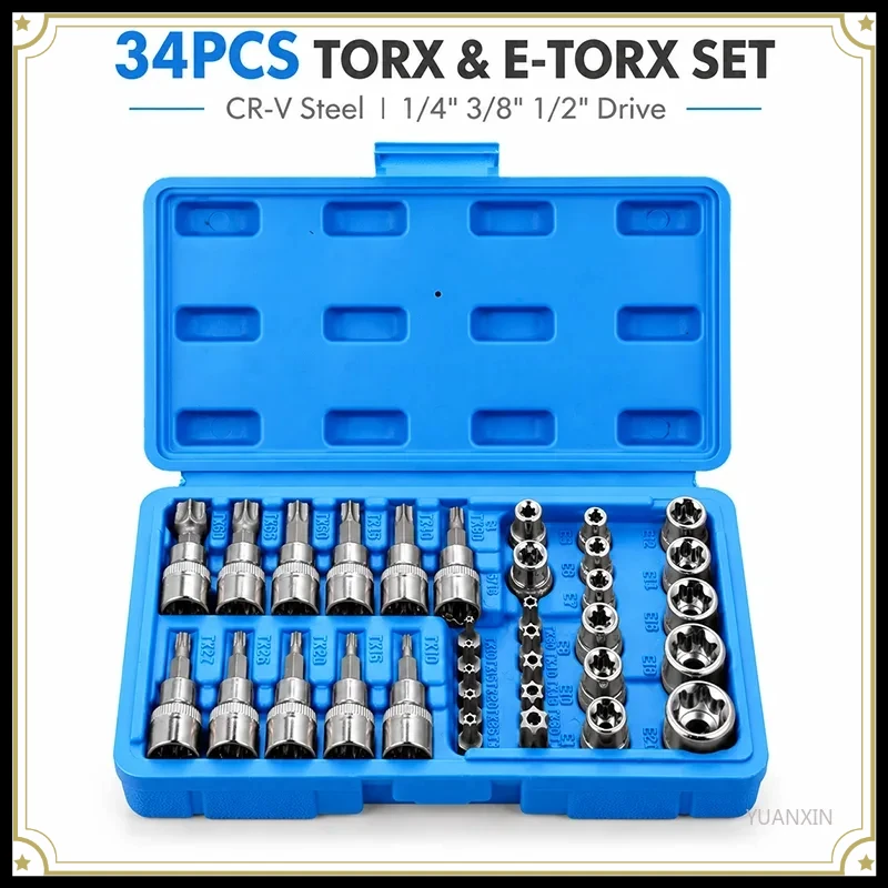 E-Torx Socket Set 34Pcs Torx Bit CR-V Steel 1/4 3/8 1/2 Drive Male Female Auto Repair Tool Kit with Storage Case Professional