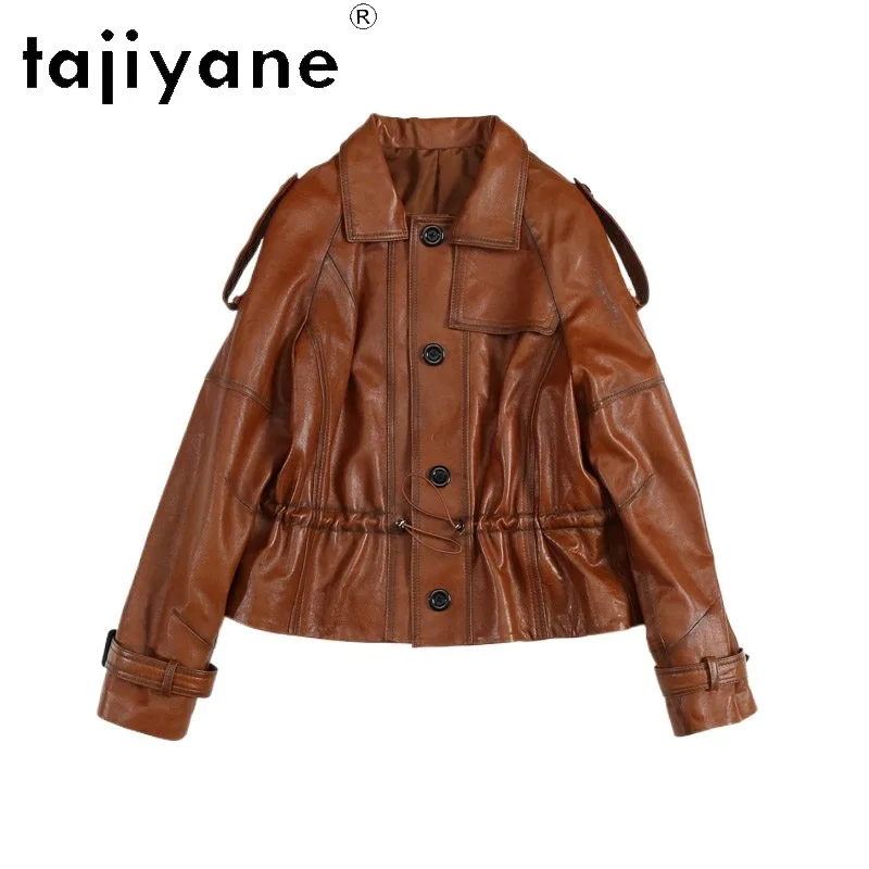 

TAJIYANEGenuine Leather Jacket Woman Sheepskin Short Motorcycle Jackets for Woman Drawstring Waist Leather Coat Stylish Дубленка