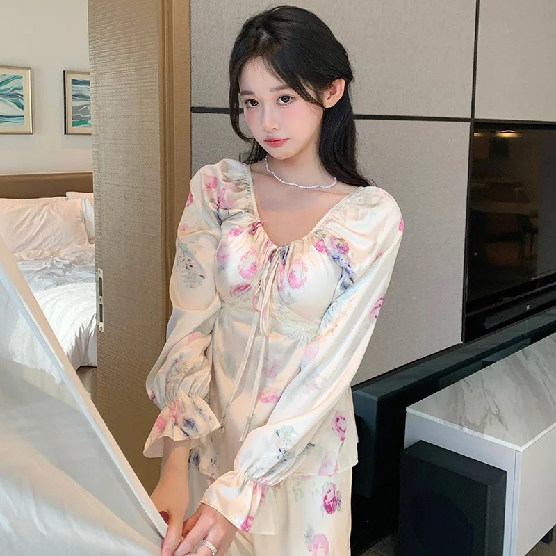 V-Neck Pijamas Suit Women 2PCS Pajamas Set Print Nightwear Lingerie Spring Autumn Long Sleeve Silky Satin Sleepwear Home Clothes