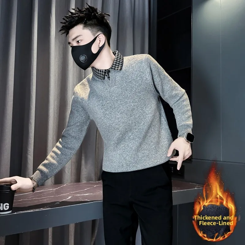 

Мужской свитер с воротником-стойкой на флисовой подкладке, теплый вязаный джемпер, молодежный повседневный пуловер с длинным рукавом, зимний топ