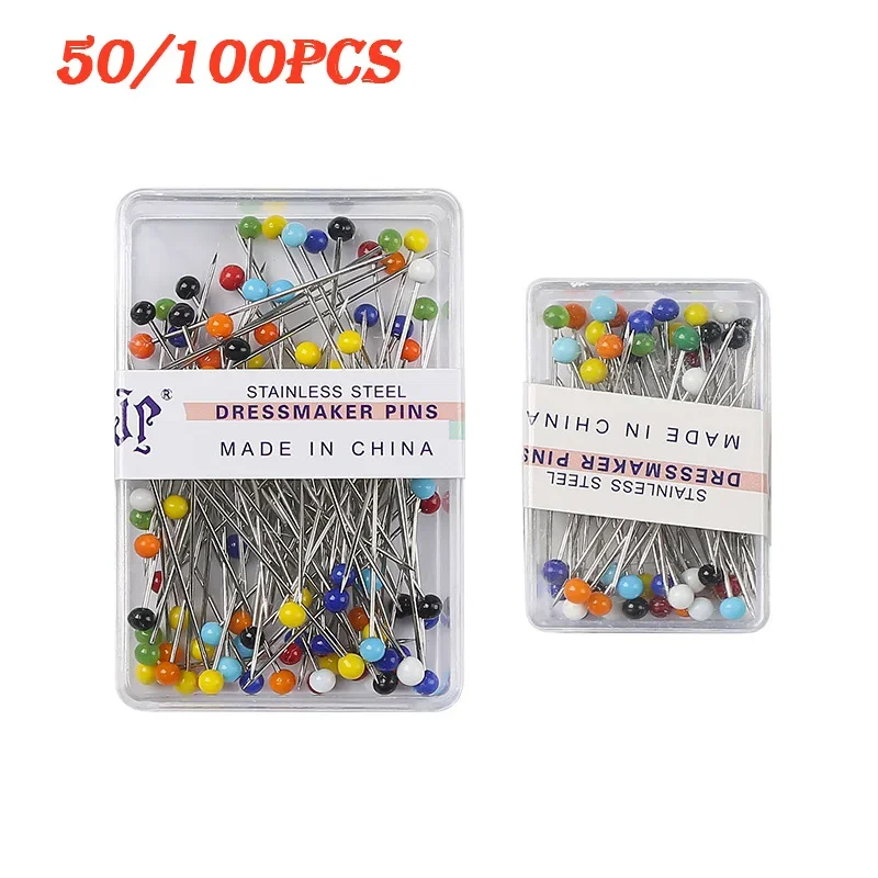 재봉 핀 유리 공 다색 헤드 핀, 직선형 퀼팅 핀, 진주 헤드, 드레스 메이커 DIY 쥬얼리 장식, 박스 당 50 개, 100 개, 38mm