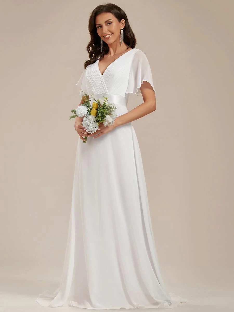 Women Simple Evening Dress Tulle Ruffles Short Sleeve V-Neck Backless Empire Sashes Prom Dress A-Line Maxi Wedding Bridal Gowns image 4