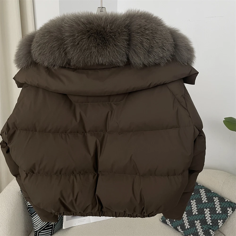 Oftbuy curto puffer jaqueta grossa novo grande natural real pele de raposa jaqueta feminina outono inverno pato branco para baixo casaco pena