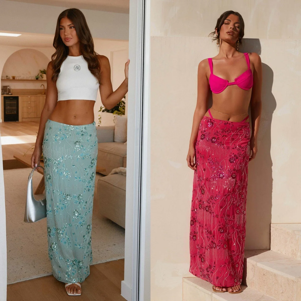 

Summer New Women's Sequin Embroidery Wrap Hip Skirt Sexy Long Skirt Casual mid Waist Straight Tube Skirt Stand Fit