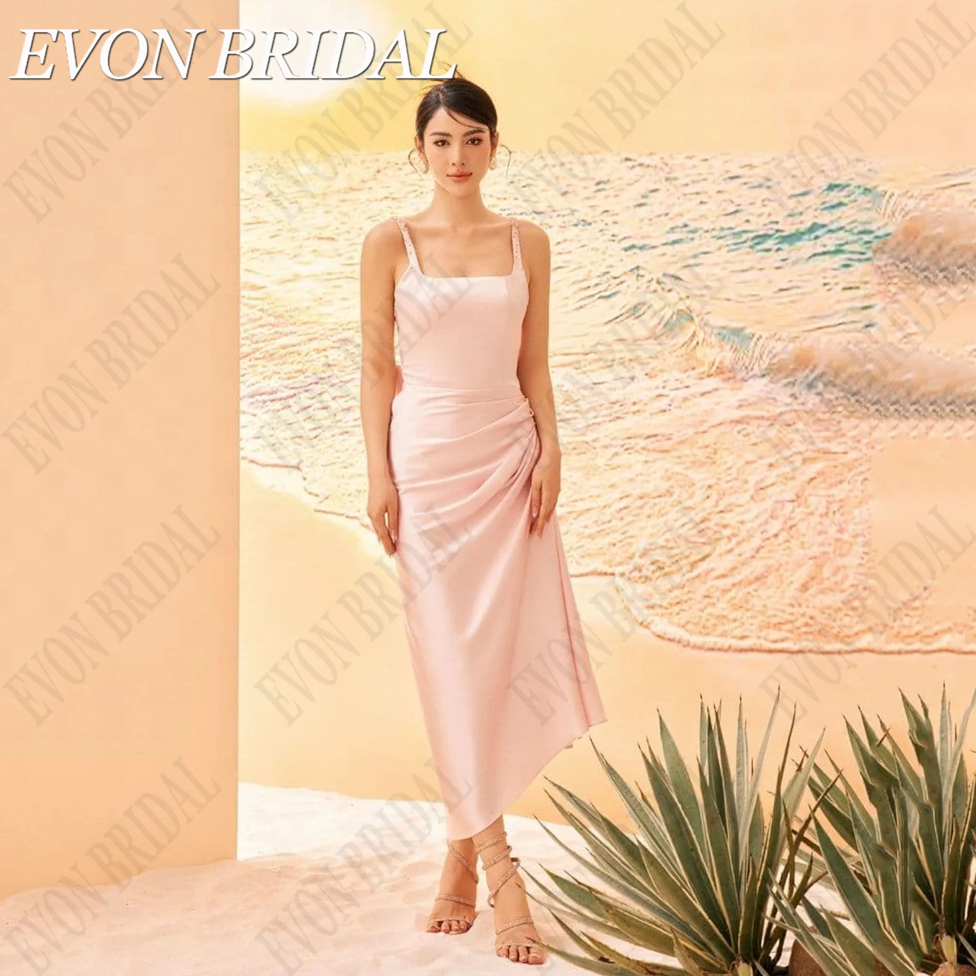 

EVON BRIDAL Pink Mermaid Eveing Party Gowns With Bow Square Neck Sleeveless Backless vestidos de festa Ankle Length Customized