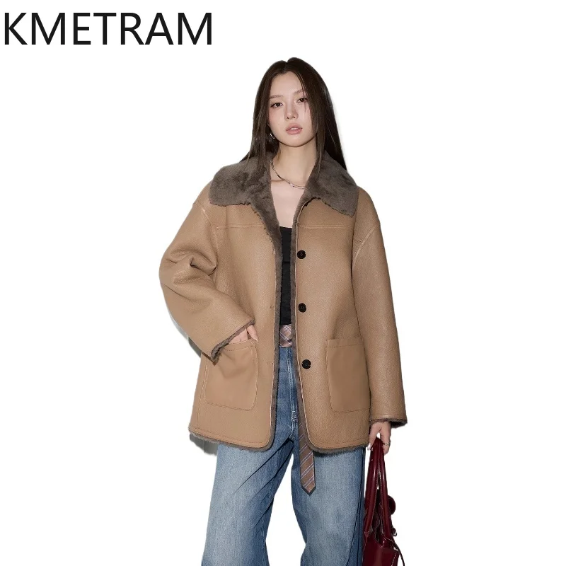 

KMETRAM Natural Merino Sheepskin with Wool Attached Coat Reversible Mid Length Real Fur Jacket Winter Woman Clothing 2025 Femmes