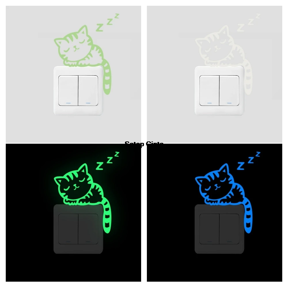 1Pcs Cartoon Cat Luminous Switch Stickers Green Blue Pink Glow In Dark Animal Wall Decals Self-Adhesive For Kids Bedroom Nursery