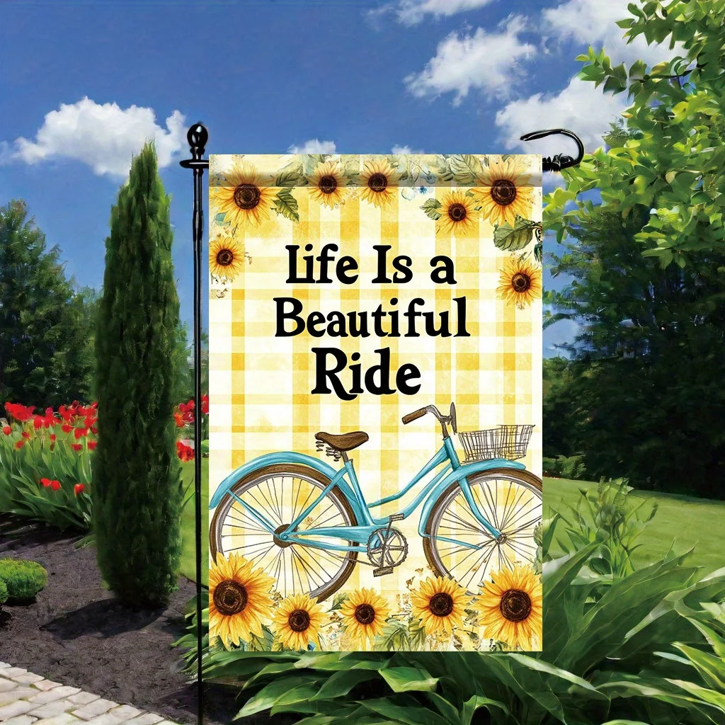 1 шт. двусторонний садовый флаг из полиэстера — «Жизнь прекрасной езды» для велосипеда и подсолнуха, 12x18 дюймов, яркий уличный La 1 шт. двусторонний садовый флаг из полиэстера — «Жизнь прекрасной езды» для велосипеда и подсолнуха, 12x18 дюймов, яркий уличный La