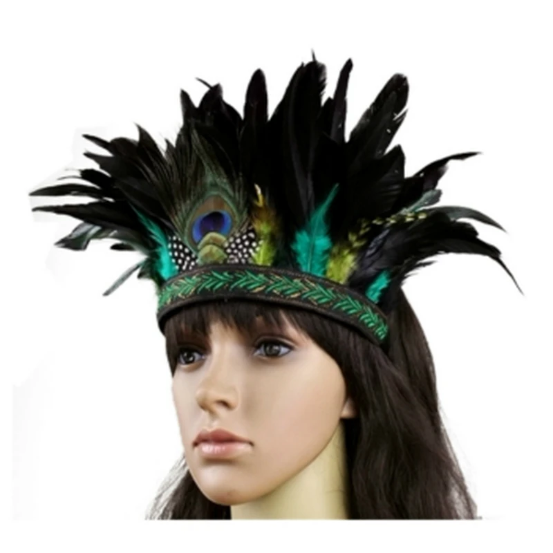 

Peacock Feather Headdress Hat Handmade Colorful Feather Halloween Costumes Handmade War Bonnet Hat Costumes