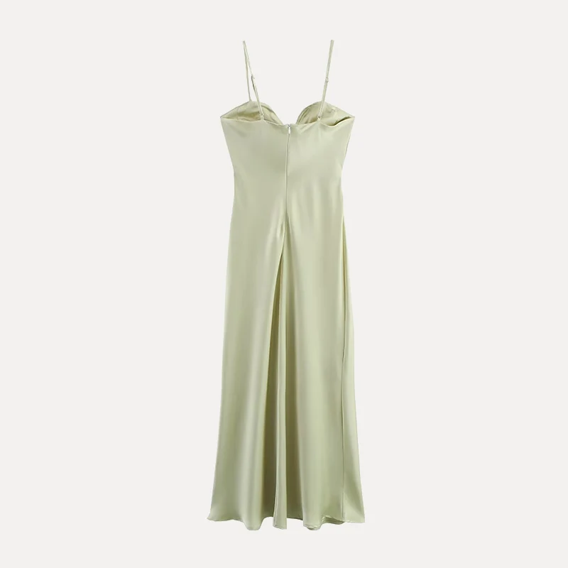 스트리트 스타일 하트 칼라 실크 새틴 미디 드레스 여성 패션 2025 봄 자다타 원피스 드레스 폴리에스터 섬유 00%