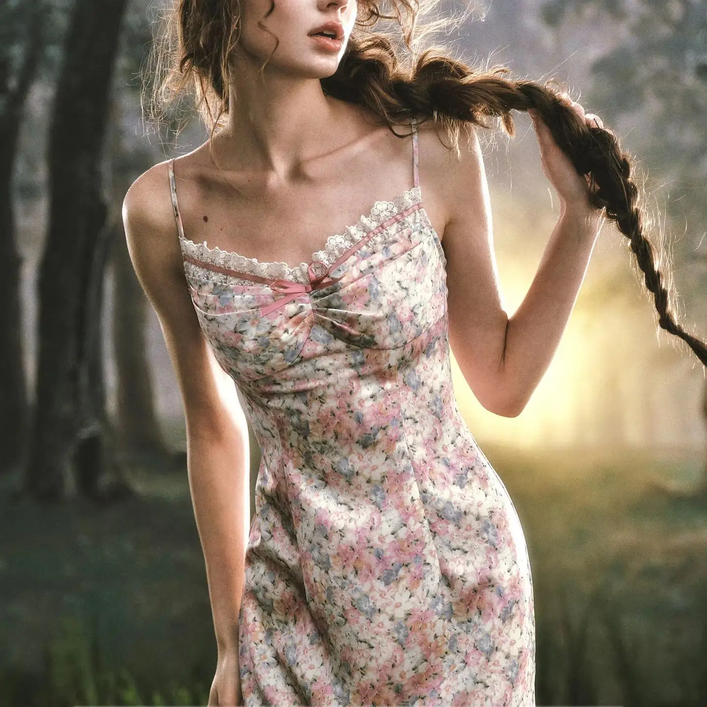 TIYIHAILEY Satin Women Dress Sleeveless Spaghetti Strap Long Mid-calf Ladies Printed Flowers Dresses Summer 2026 New High Waist