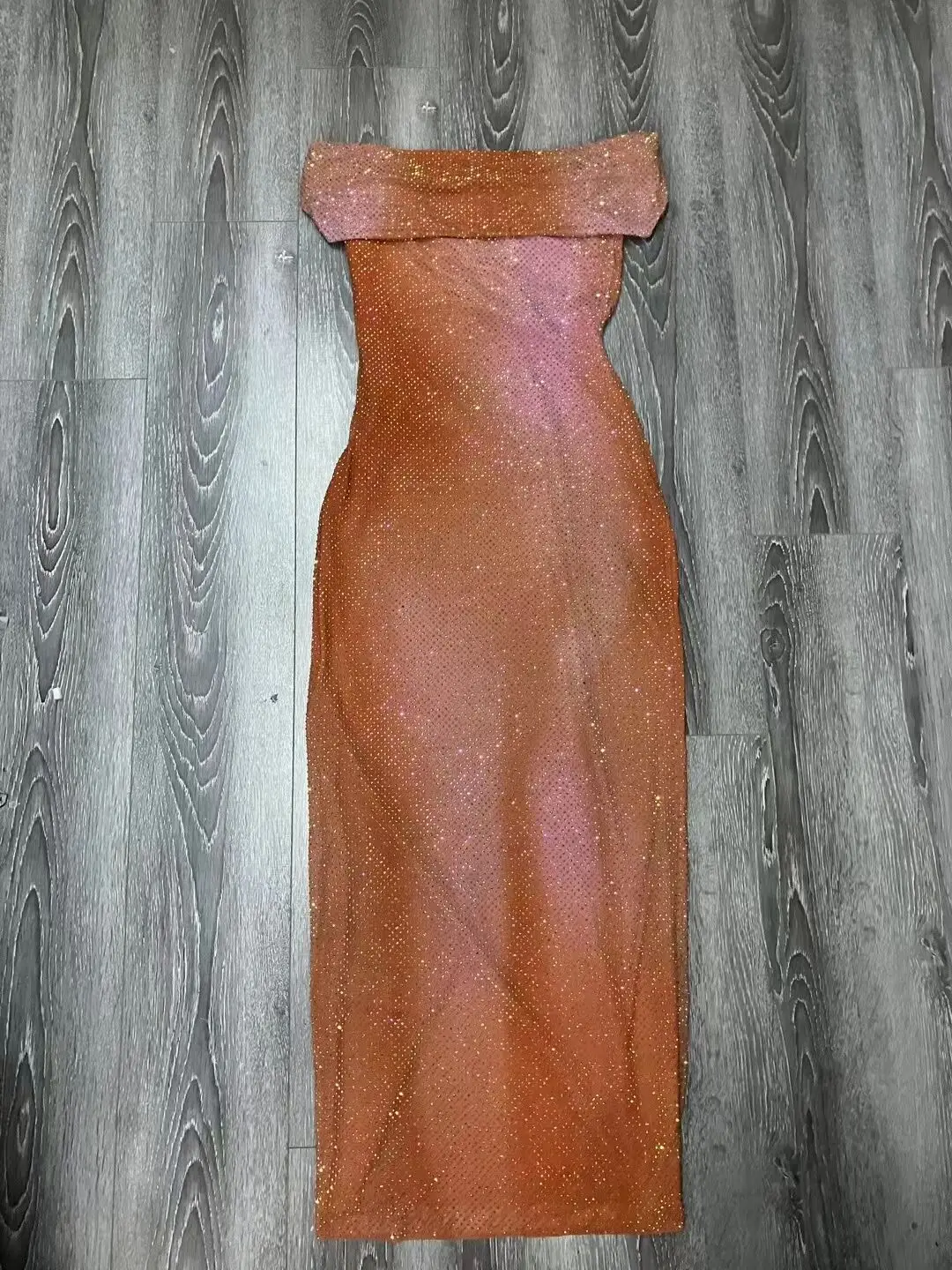 Spring/Summer New Orange Gradient Big V-neck Hot Diamond Long Dress