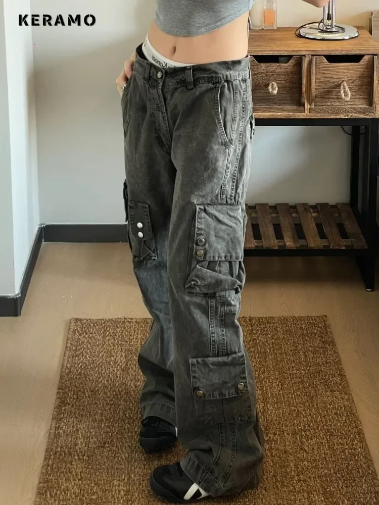 Pantalones vaqueros Harajuku de estilo informal para mujer, Vaqueros holgados con bolsillos y pierna ancha, estilo Punk, estética Vintage, Otoño, 2024