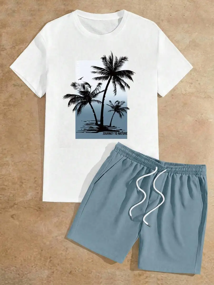 Manfinity VCAY Camiseta con estampado tropical y pantalones cortos con cordón en la cintura para hombre, vacaciones, atuendos cómodos, regalos para el día del padre, fútbol