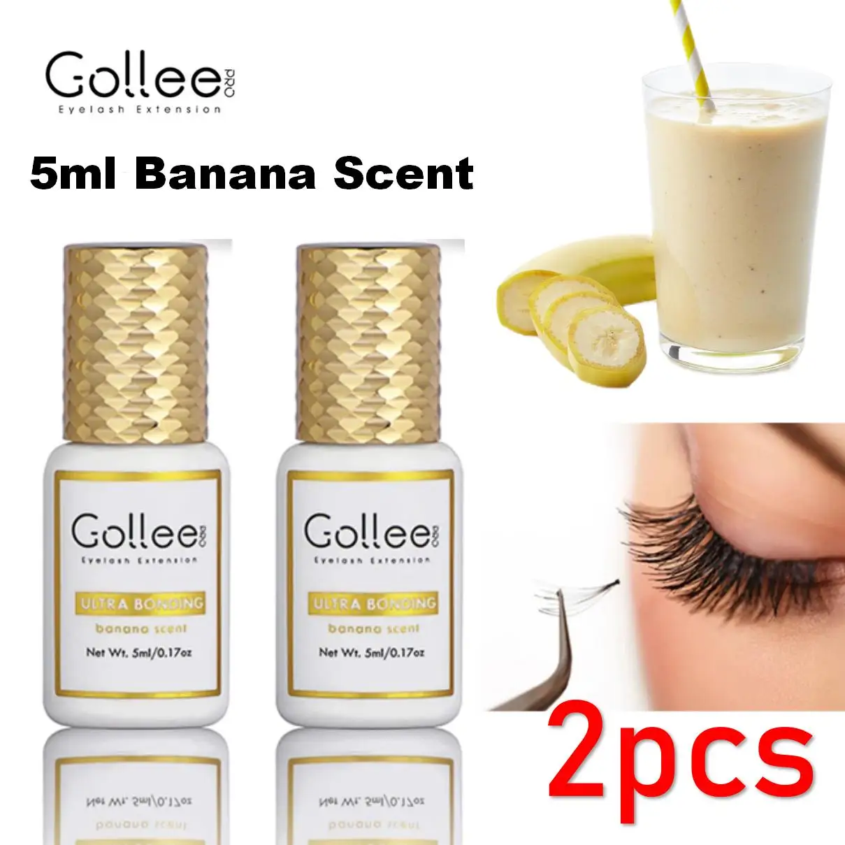 

2pcs Gollee Banana scent Eyelash Glue 1s Fast Drying Waterproof Glue Premade fans 3-5 Weeks Lasting eyelash extension glue Salon