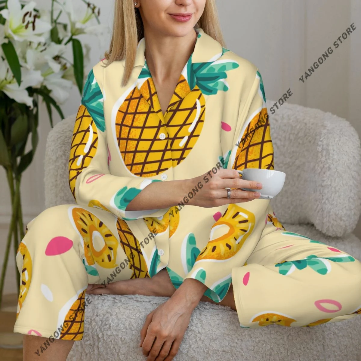 

Summer Pineapple Womens Pajamas Loungewear Two-piece Sleepwear Button-Down Full Sleeve Long Pajamas Set