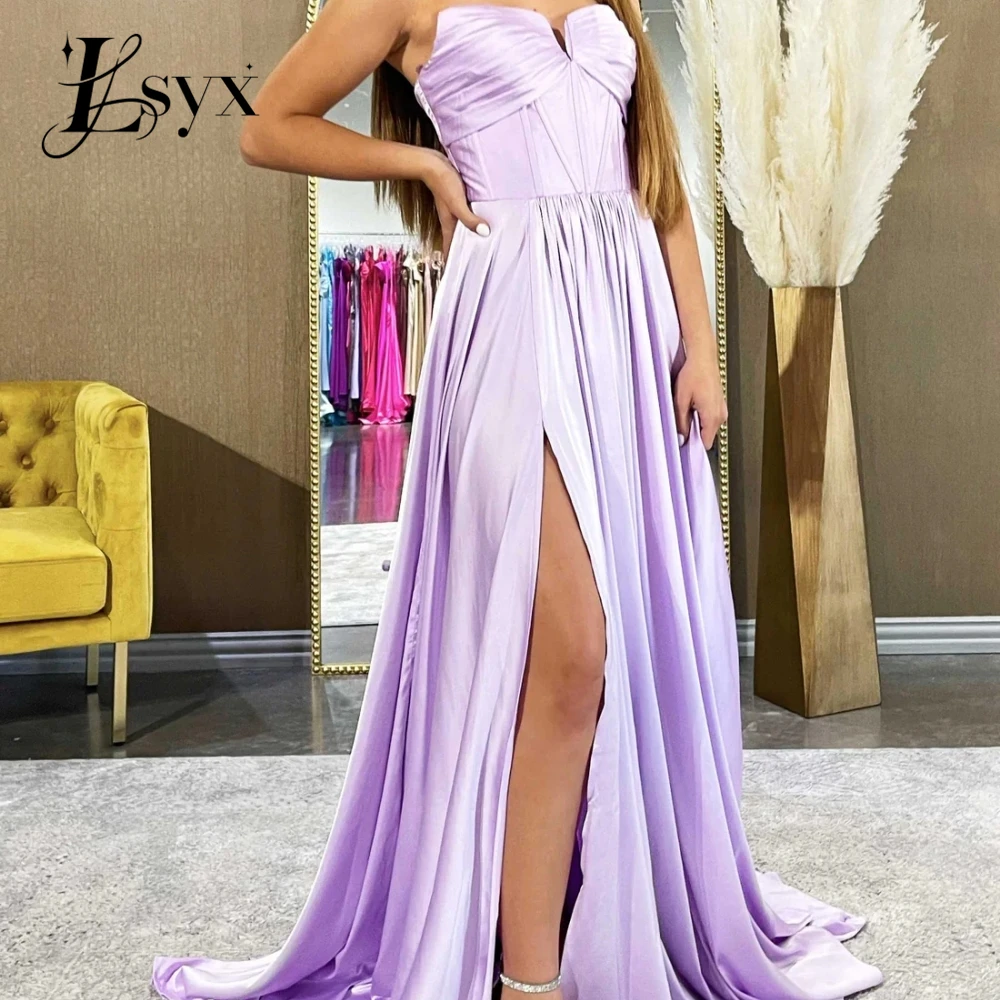 

LSYX Lilce Strapless Satin Prom Homecoming Dress Exquisite Sweetheart High Slit Evening Party Graduation Gown