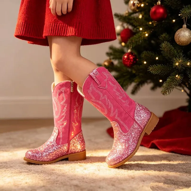Sparkly Sequins Mid-calf Boots for Girls 2026 New Winter Kids Chunky Leather Boots Non-slip High Heels Ethnic Style Cowboy Boots