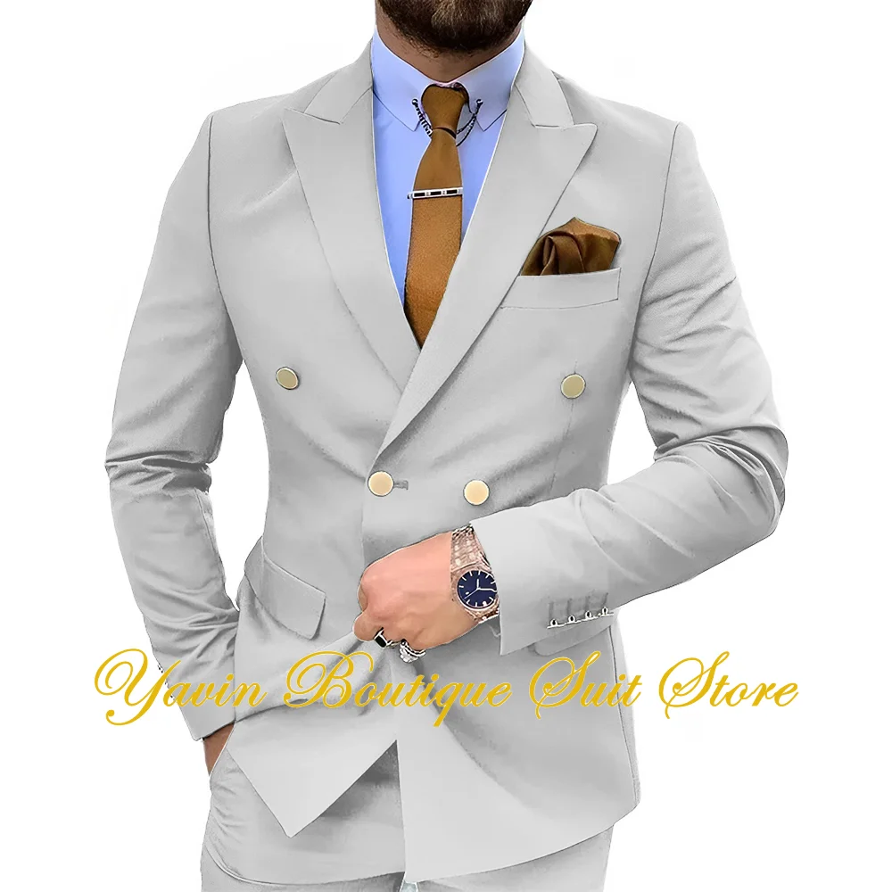 Men\'s 2 Piece Double Breasted Suit Regular Slim Fit Gold Button Blazer Wedding Prom Party Formal Suits Set for Men