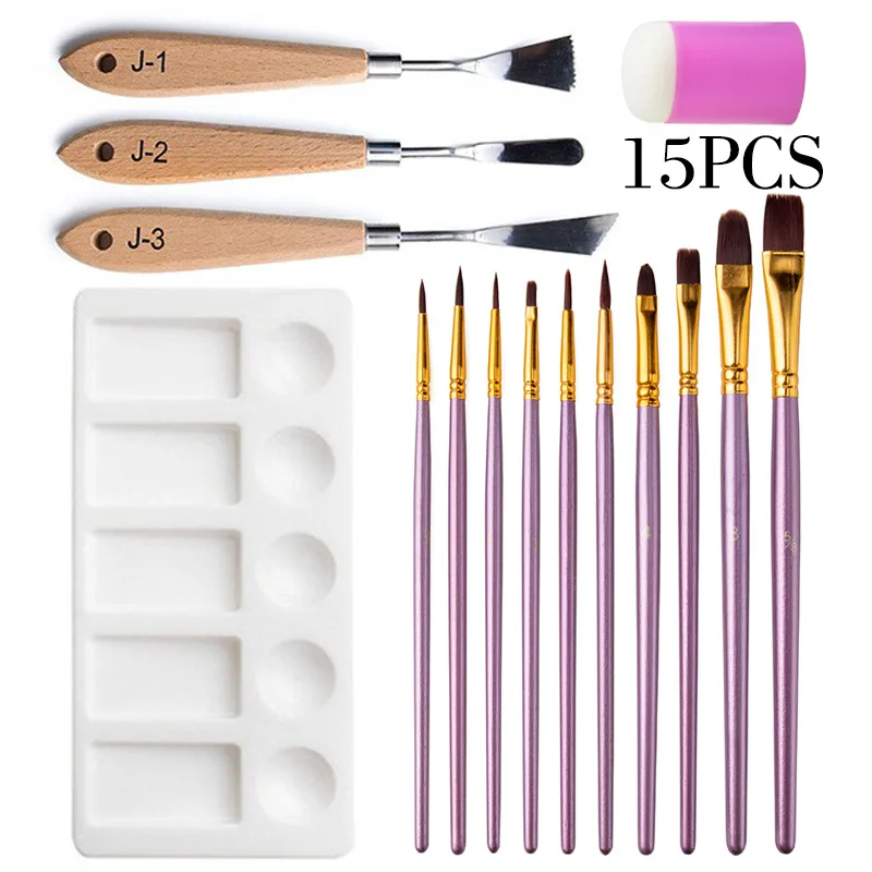 15Pcs Oil Painting Tools Set Palette Knives Art Palette Sponge Stamps Wooden Pointed Flat Round Watercolor Paint Brushes