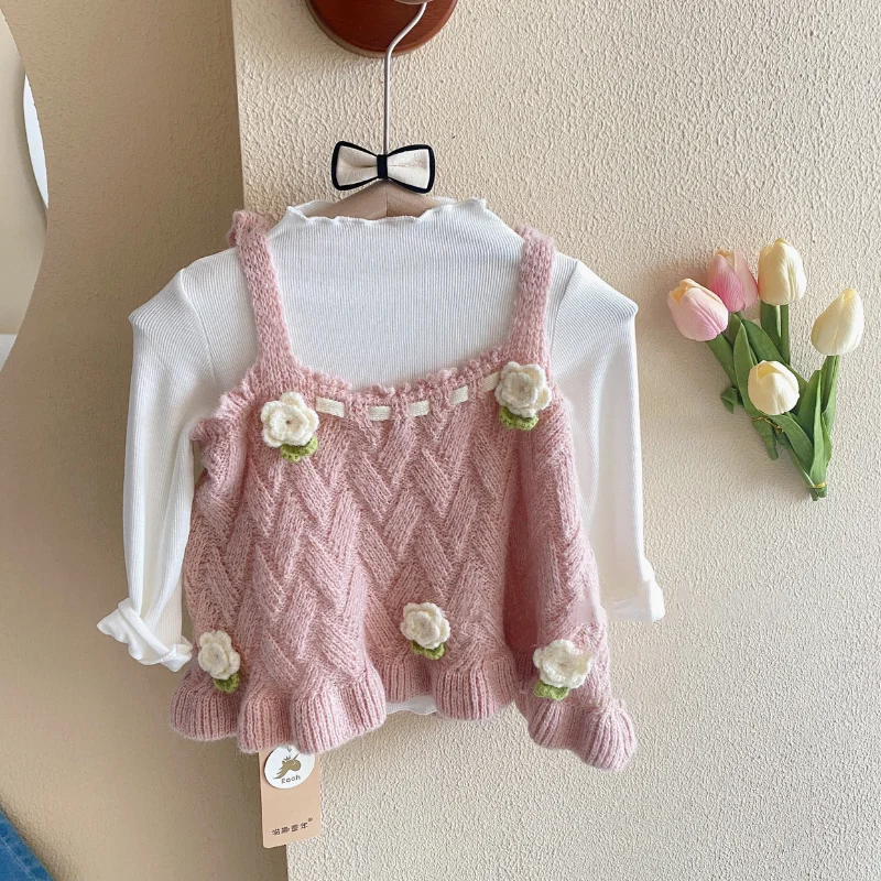 Korean Children Vest for Girls Fashion Vintage Floral Knitted Sweater Vest Toddler Girl Cute Sweater Vest Kawaii Waistcoat