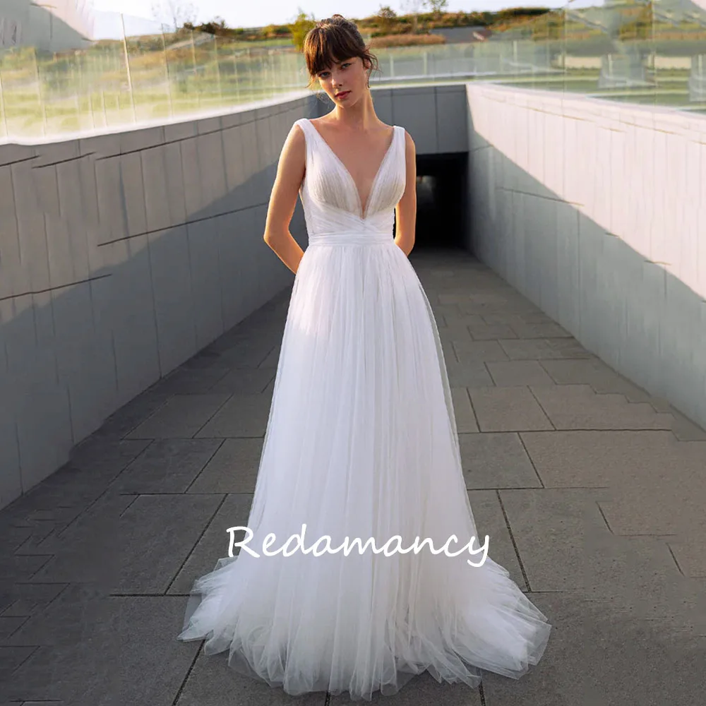 

Redamancy Simple Wedding Gowns V-neck Sleeveless 2024 A Line Bride Dress Backless Slim Tulle Wedding Dresses