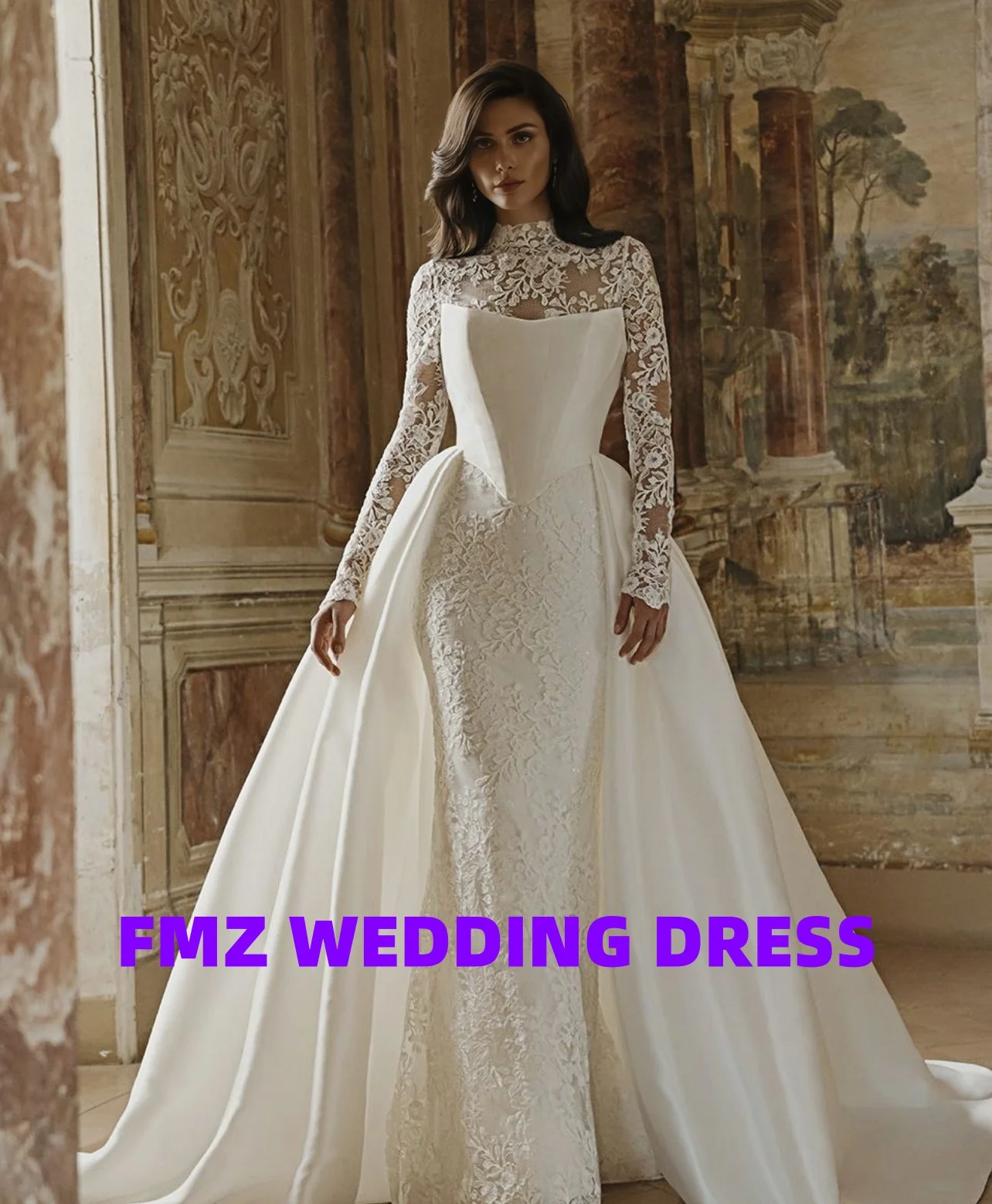 Personalizzato collo alto a maniche lunghe sirena coda staccabile amanda novias abiti da sposa abito da sposa amanda novias