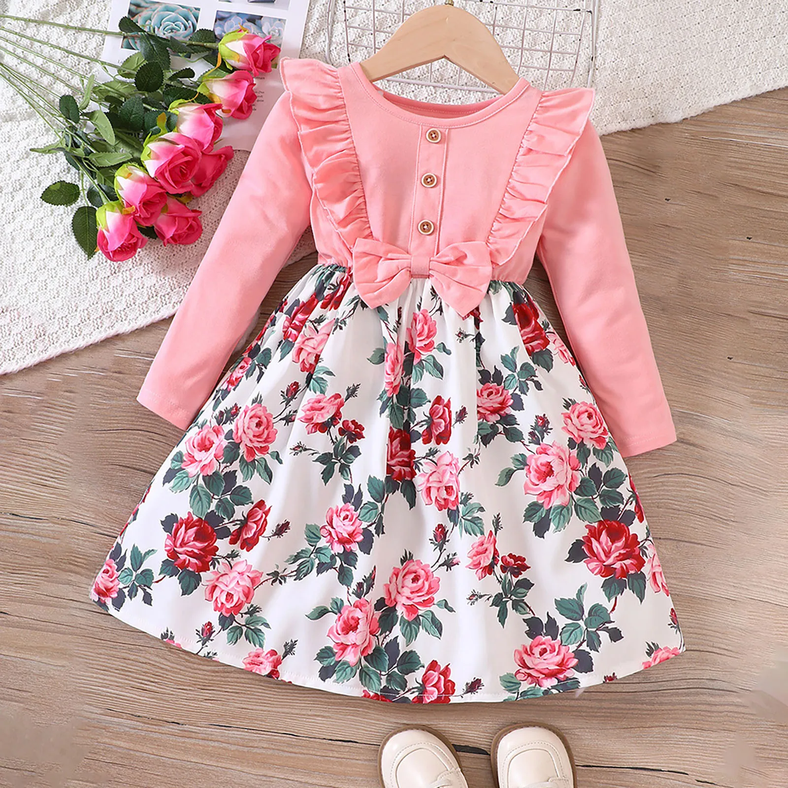 Long Sleeve Floral Dress For Toddler Girls Autumn Ruffles Bowknot Flowers Print Princess Dress Children Party A-Line Grown Dress