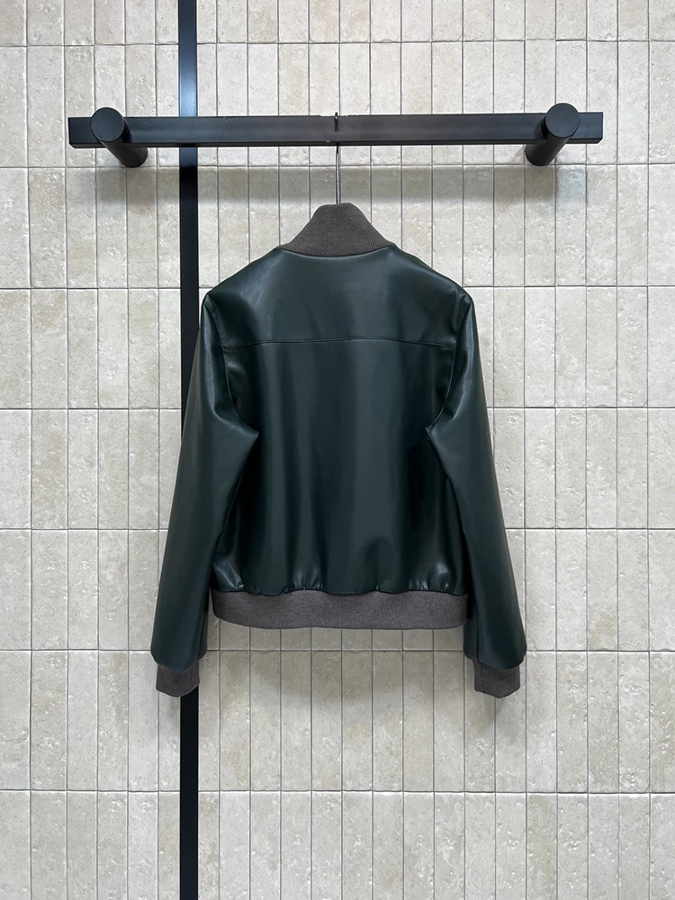 Spring Autumn Fashion Dark Green Vintage Genuine Leather Jacket Women's Stand Collar Patchwork Long Sleeve Diagonal Pockets Coat