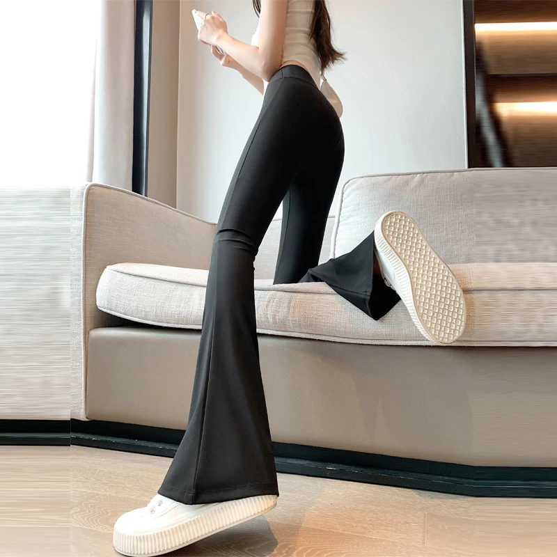 

Женские брюки для йоги с высокой талией, весенне-осенние, черные, облегающие, эластичные, расклешенные, повседневные, длинные, из полиэфирного волокна