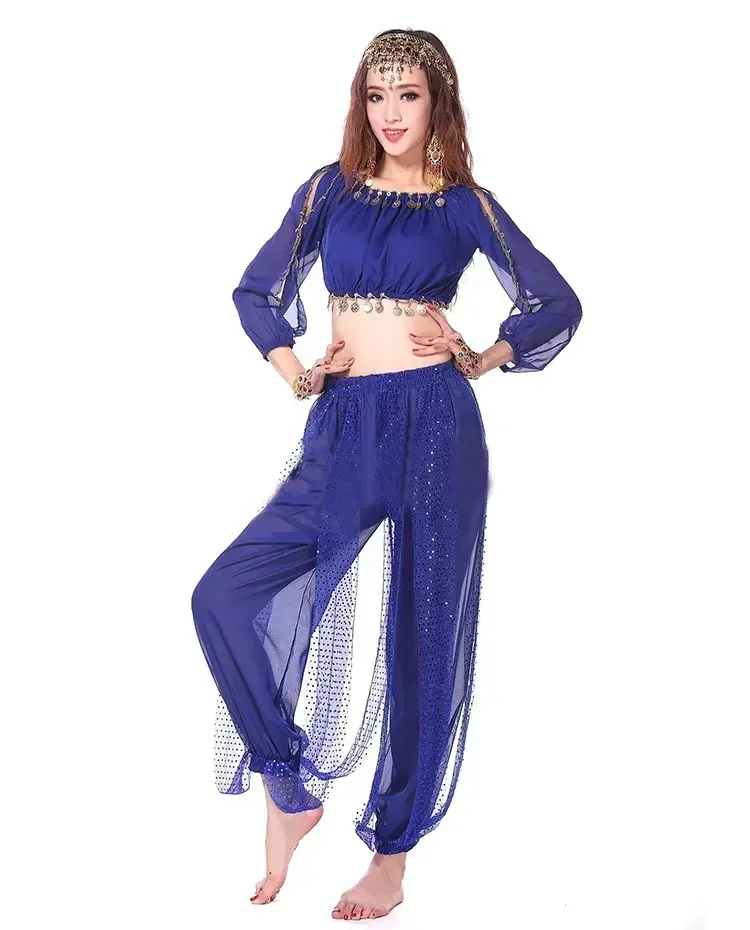2 ชิ้นชุด Belly Dance เครื่องแต่งกาย Oriental Dance Bollywood Dance เครื่องแต่งกาย Belly เครื่องแต่งกายชุด Top Bra + กางเกง