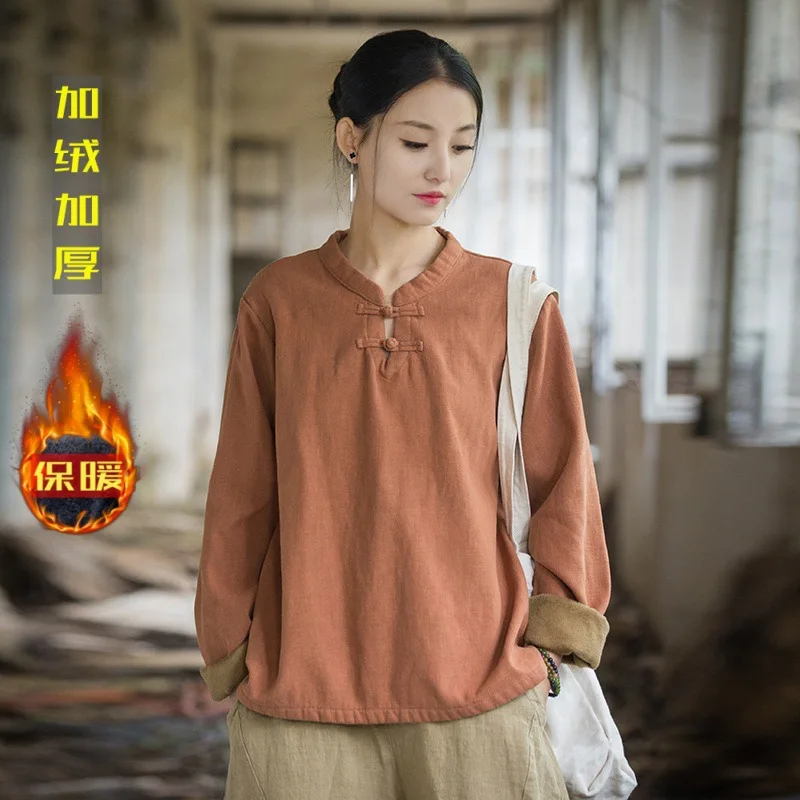 

Cotton and linen women's clothing new ramie velvet thickened bottoming shirt disc-buckled retro literary top T-shirt fashionable