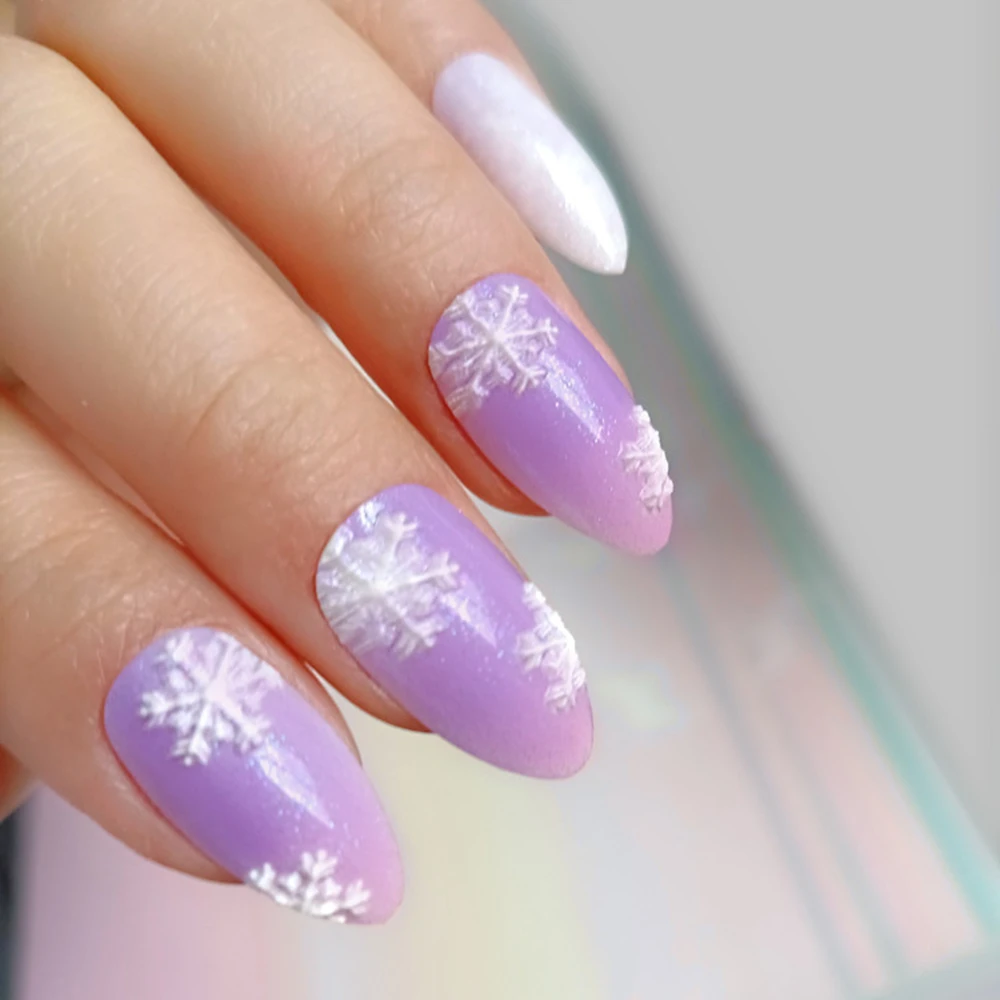 

3D Snowflake Short Stiletto Fake Nails With Glue Stickers Pink Purple Gradient Press On Nail DIY Manicure Accessory