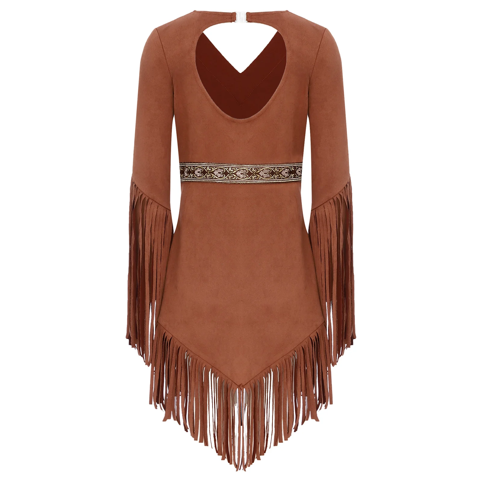 Kids Girls Native American Princess Cosplay Dress Long Sleeve Zipper Tassel Dresses Halloween Carnival Indian Maiden Costume