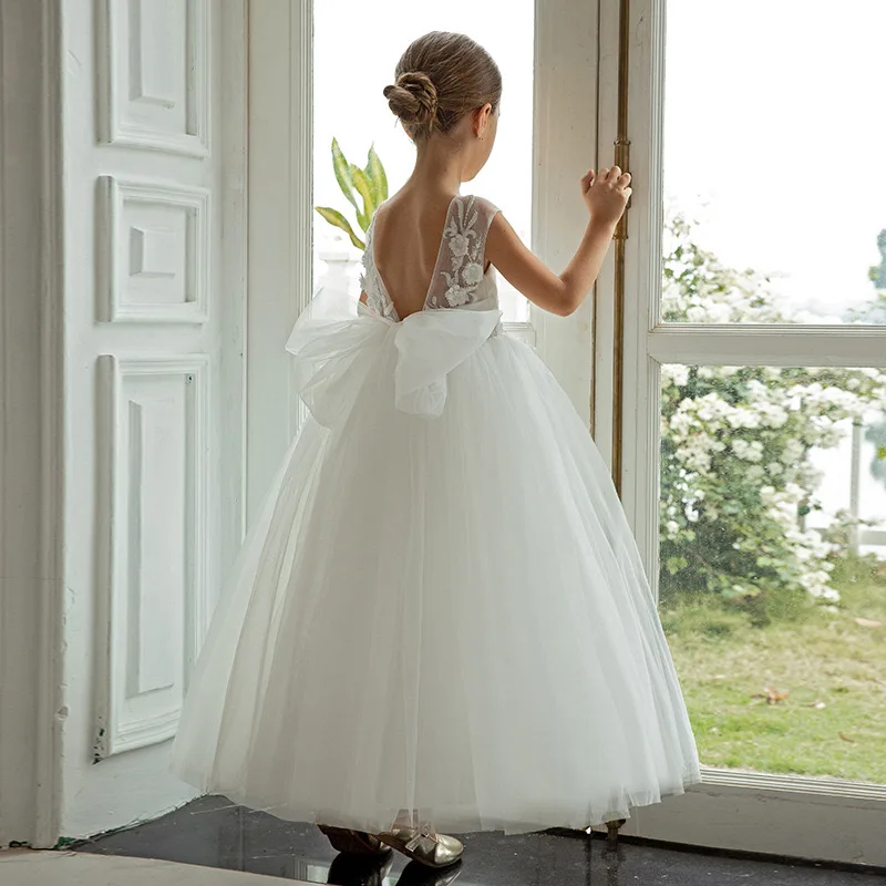 

White Chiffon Pleated Flower Girl Dresses Backless Bow Kids Weddings Birthday Party Pageant Gowns Junior Girl Bridesmaid Costume