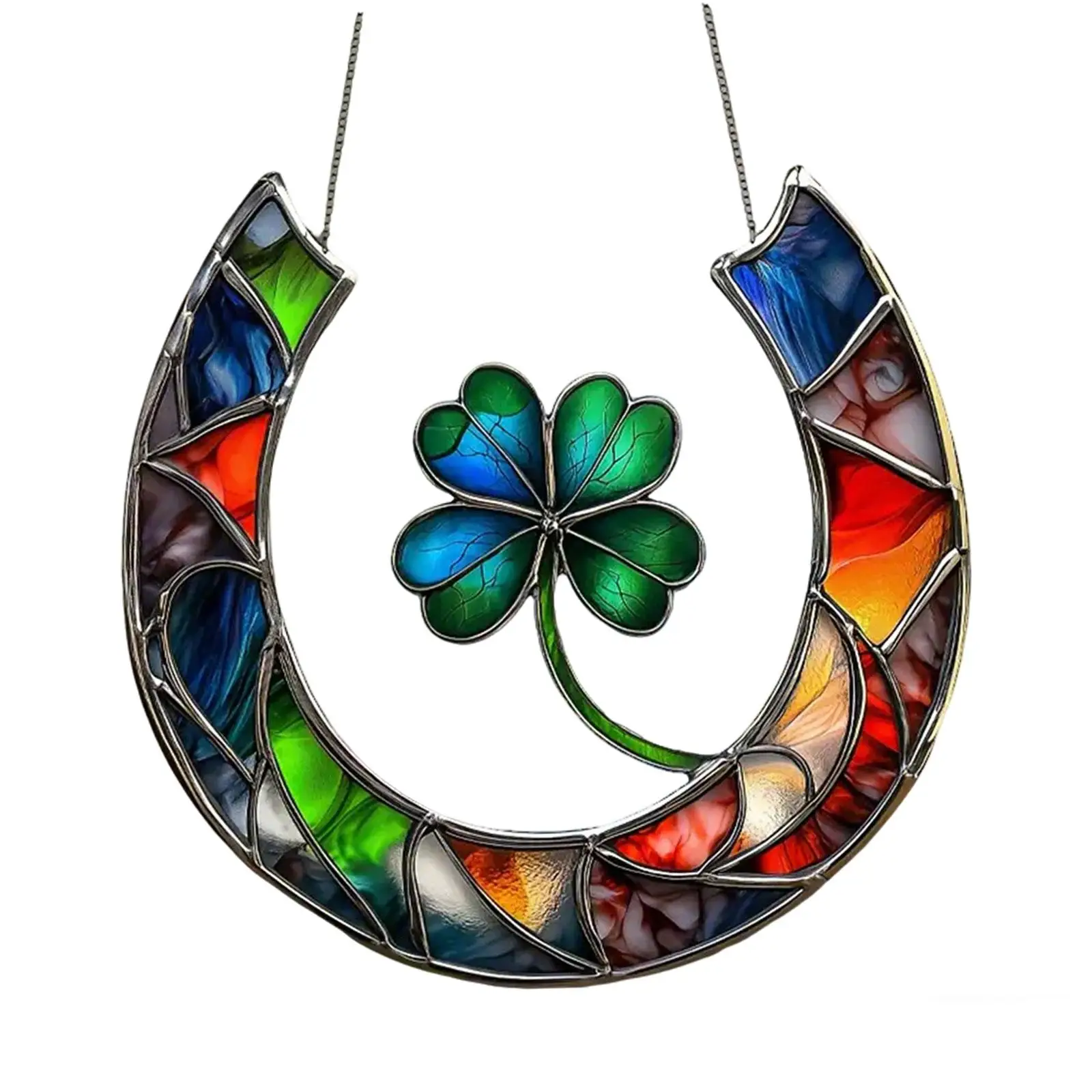 Horseshoe Clover Stained Glass Look Acrylic Window Hanging Ornament with Chain for Outdoor Window Patio Decorations