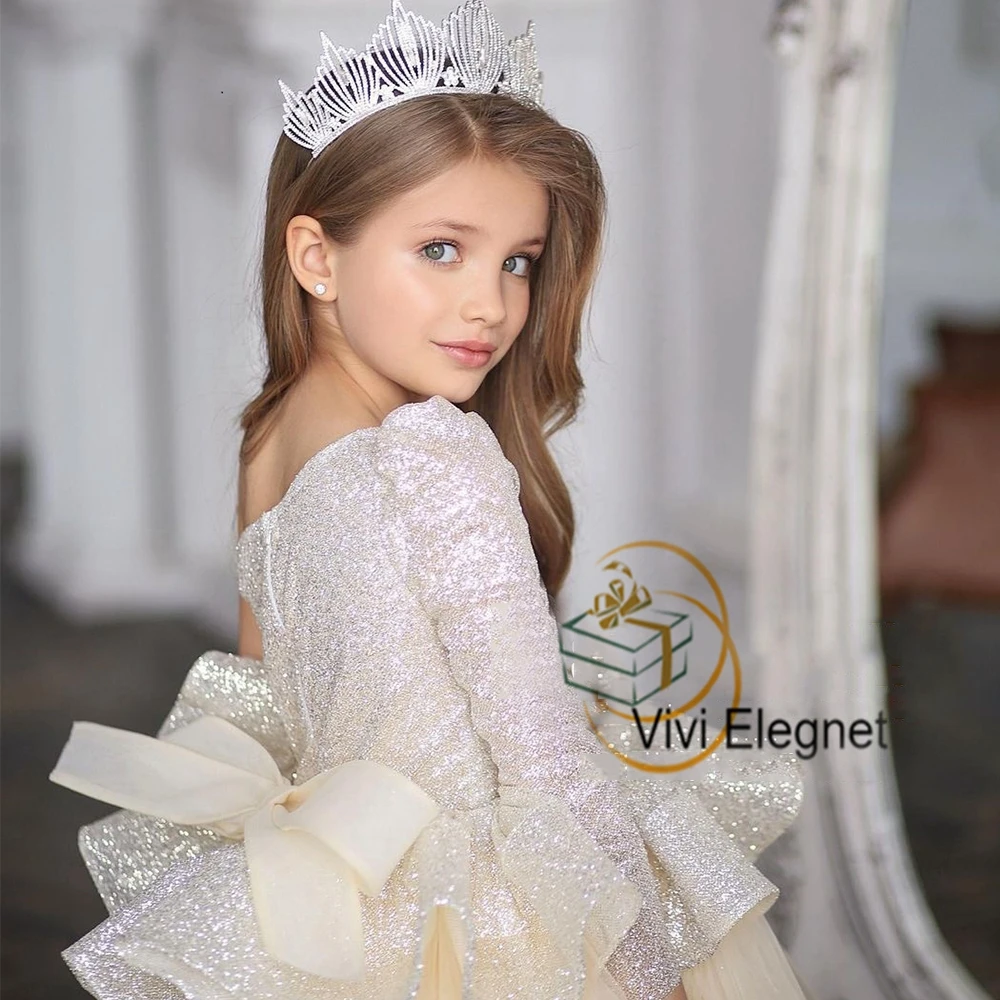 Charming Scoop Flower Girl Dresses 2023 Summer Full Sleeve Tiered Wedding Party Gowns Sparkle Sequined فساتين بنات صغار Organza