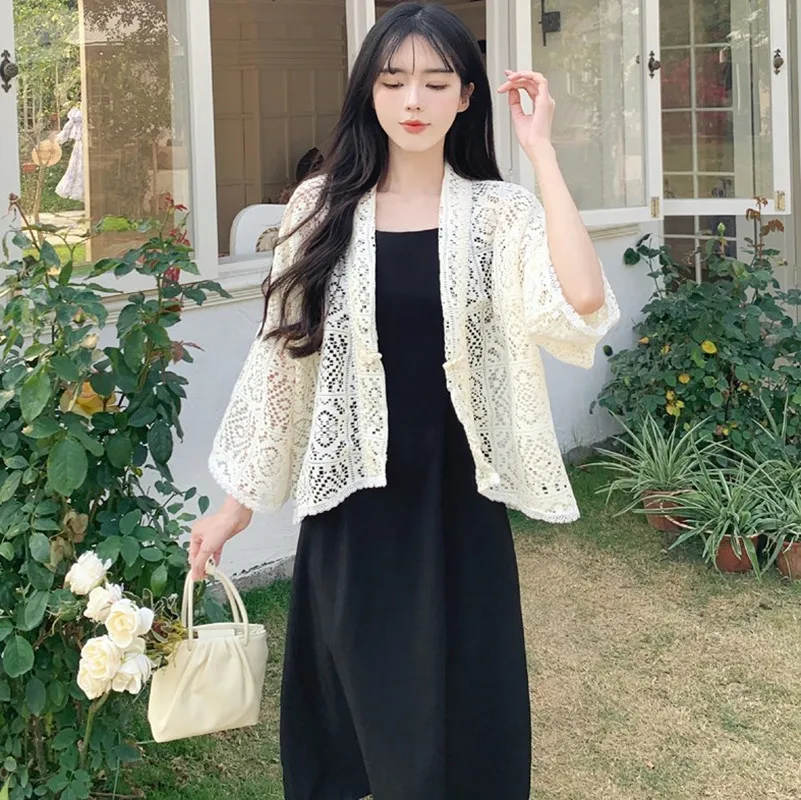 4XL Plus Size Summer Cardigan Women Korean Style Cute Tops Bolero Jacket Beading Buckle Hollow Out White Lace Cardigan