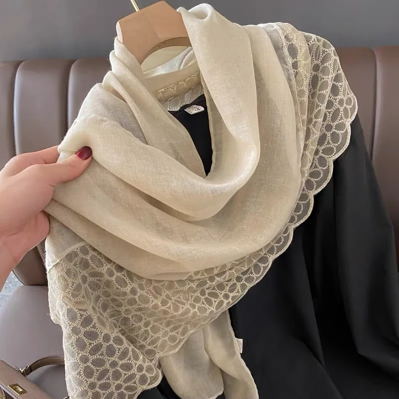 Linen Cotton Wrap shawl Women Scarf 2024 Spring Summer Thin Flod long Scarf Lace Contrast Color Female Head Neck Classic HIjab