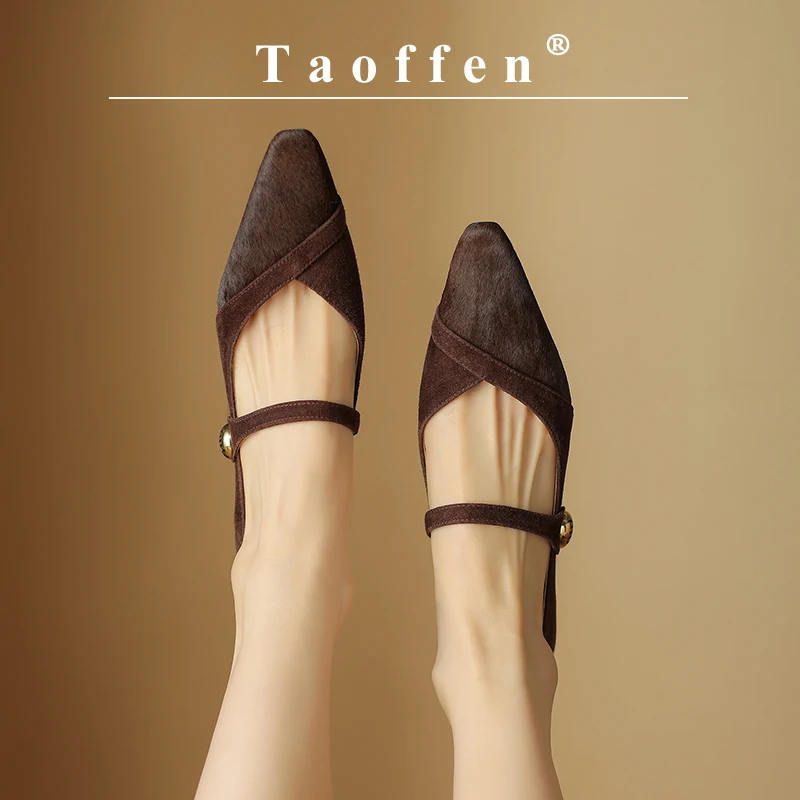 

Taoffen Casual Women's Flat Shoes Genuine Leather Pointed Toe Mary Janes Flats Fashion Patchwork Comfortable Office Lady Shoes