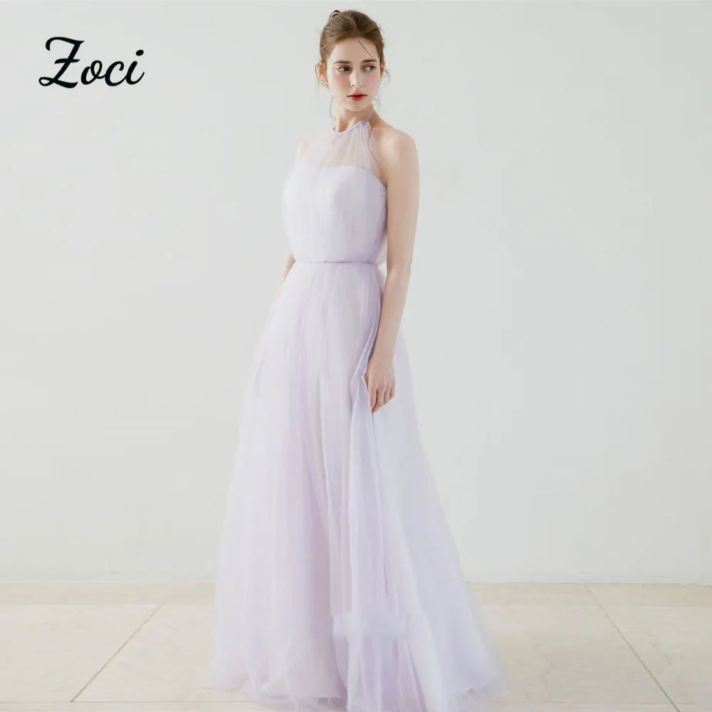 

Zoci Halter Purple Tulle Korea Wedding Dresses High Neck Floor Evening Party Gown Photo Shoot Customized Wedding Reception Dress